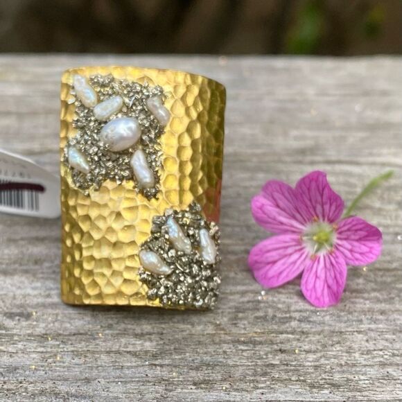 NWT Marly Moretti Free People Alba Freshwater Pearl/Brass/Pyrite Stone Ring Adj - Picture 3 of 11